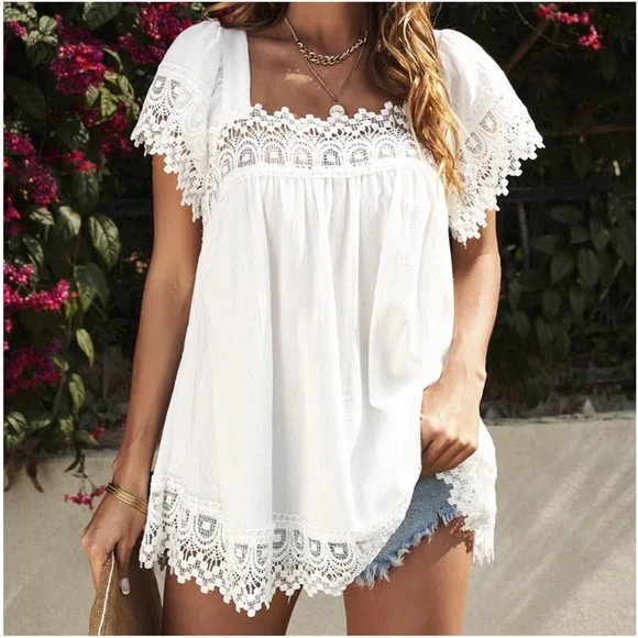 022 Boho White Lace Flowy Oversized Blouse - Picture 8 of 10